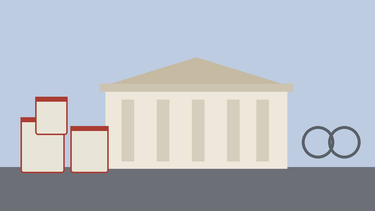 Editorial illustration of a generic federal courthouse with sealed evidence pouches and handcuffs in the foreground, flat style, no real person or place depicted, no text
