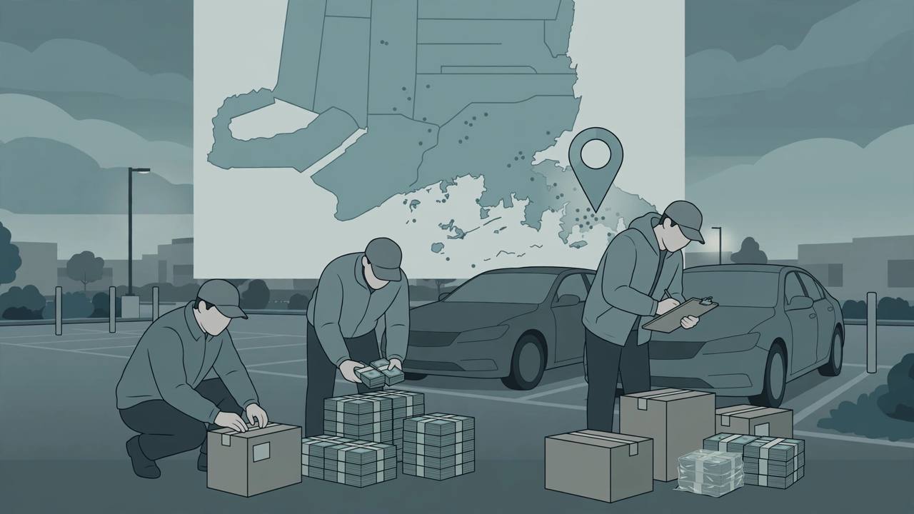 Editorial illustration of federal agents examining sealed evidence boxes and stacked cash bundles beside unmarked cars in a Connecticut parking lot at dusk