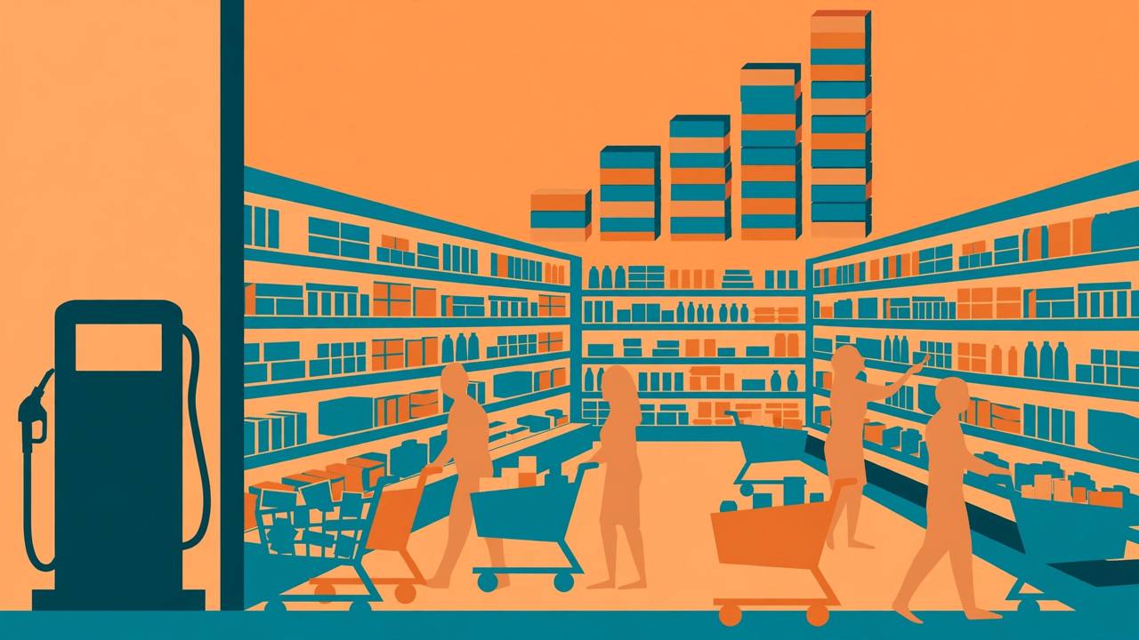 Editorial illustration of a generic supermarket aisle with shopping carts and a rising bar chart shape, flat style, no real person