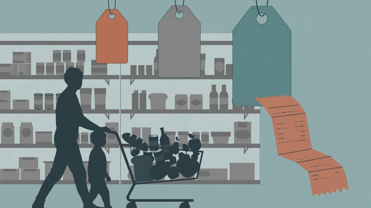 Editorial illustration of a generic shopper with a child pushing a grocery cart in front of store shelves with oversized blank price tags and a long drooping receipt, flat style, no text, no real person's face