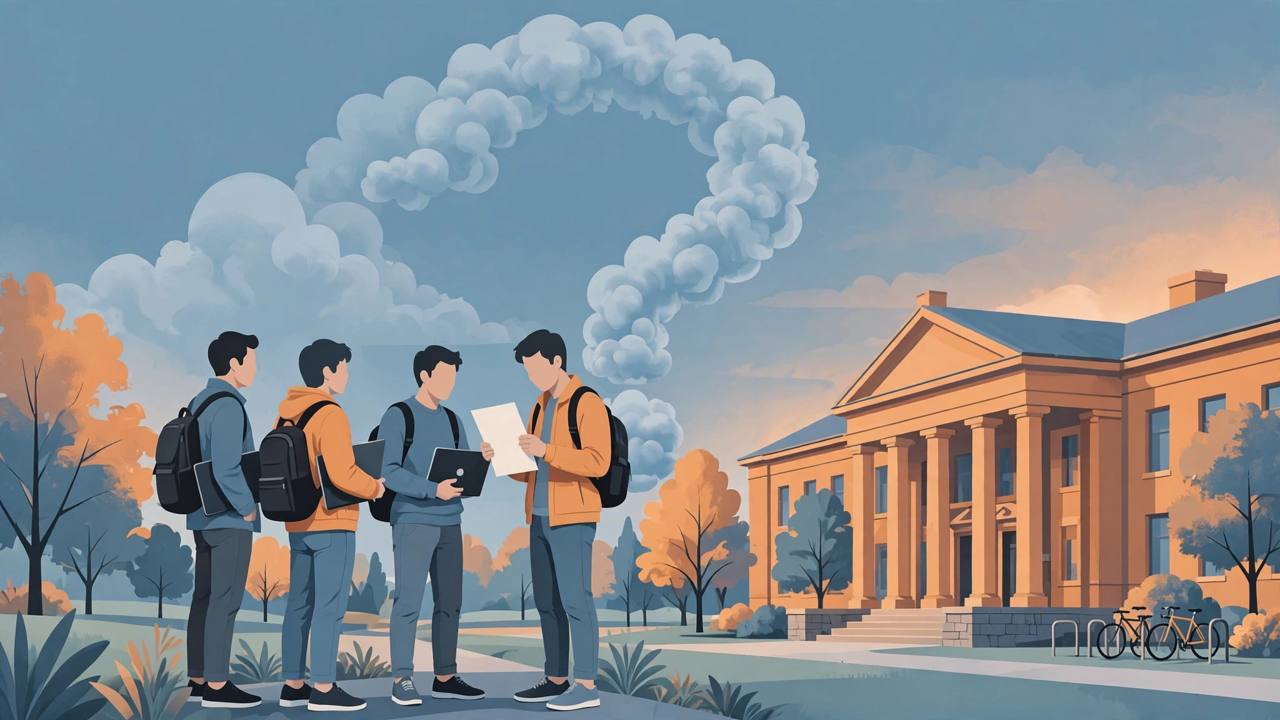 Editorial illustration of generic university students with backpacks and laptops outside a campus building, one holding a blank internship letter