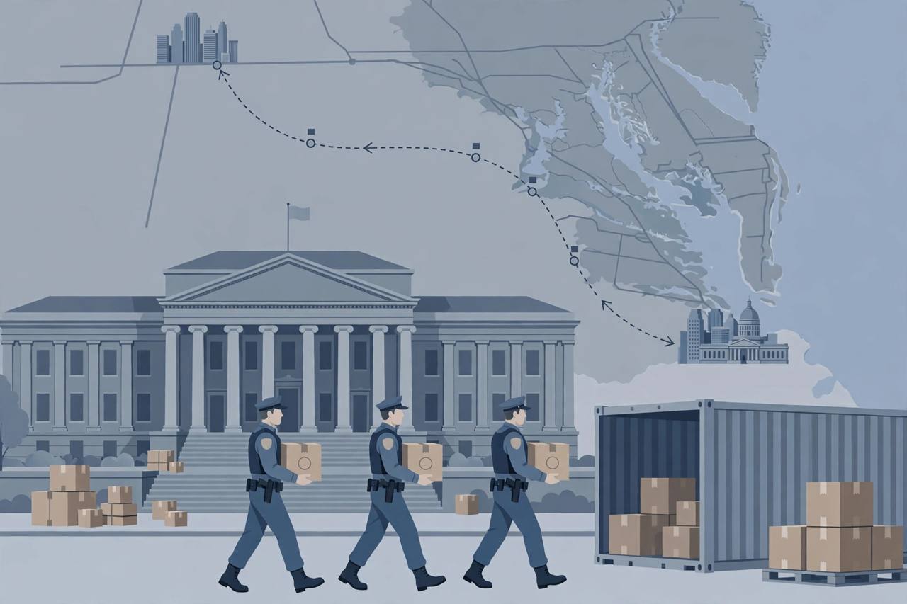 Editorial illustration of a federal courthouse in Washington DC with generic law enforcement officers carrying sealed evidence boxes and a Northeast Corridor route in the background