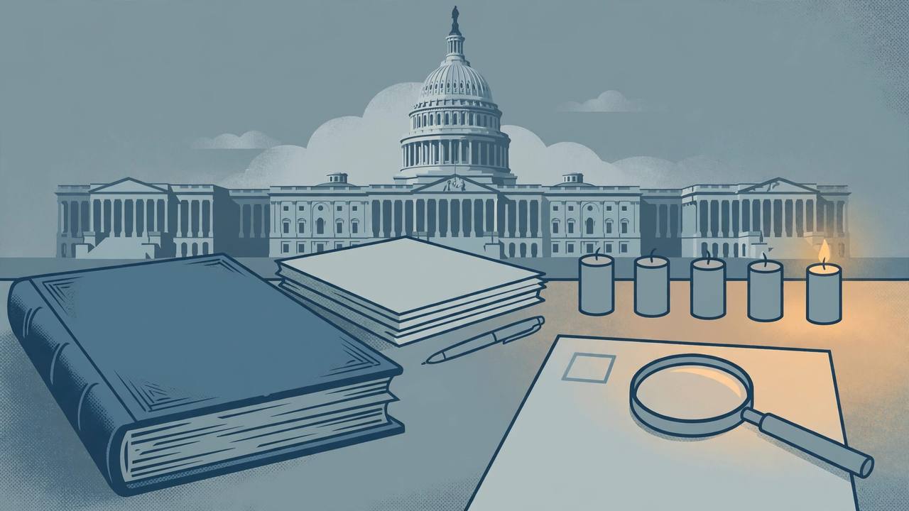 Editorial illustration of the US Capitol with a large ledger book, blank report forms, candles and a magnifying glass over an empty checkbox on a form