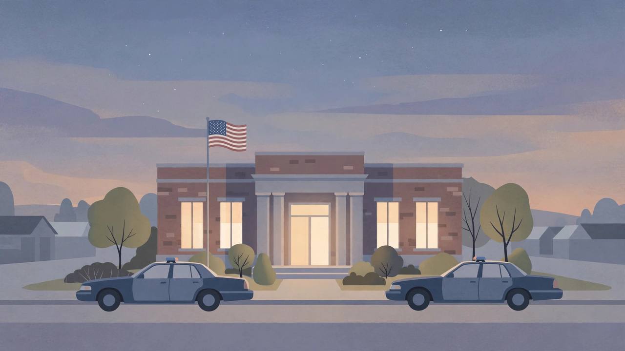 Editorial illustration of a generic small-city police headquarters at dusk with two police cars and an American flag, flat style, no people, no text, no real place depicted