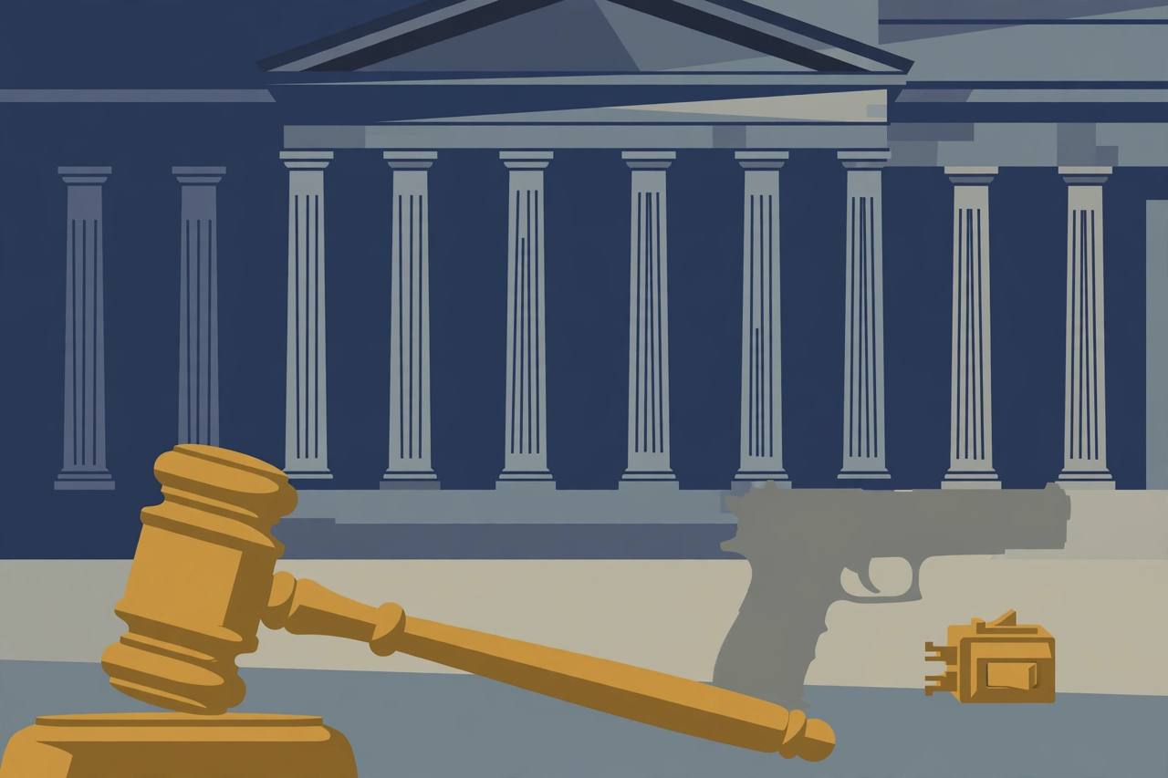 Editorial illustration of a gavel, a generic handgun silhouette and a small conversion device in front of courthouse columns, flat style, no real person depicted