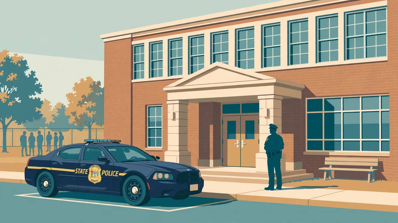 Editorial illustration of a generic American high school entrance with a Delaware State Police patrol car outside