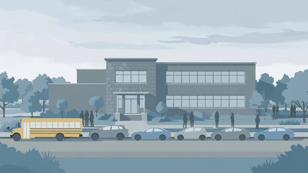 Editorial illustration of a generic American middle school in the morning with a school bus and a parent drop-off line of generic cars, generic silhouetted figures, flat style, no text, no real person depicted
