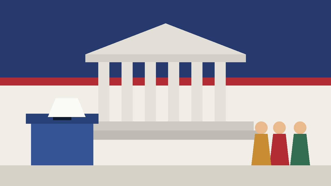 Editorial illustration of a courthouse with columns, a ballot box with a blank ballot and generic voter figures, flat style
