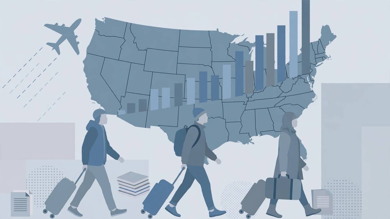 Editorial illustration of a US map, charts and generic travellers, flat style, no real person