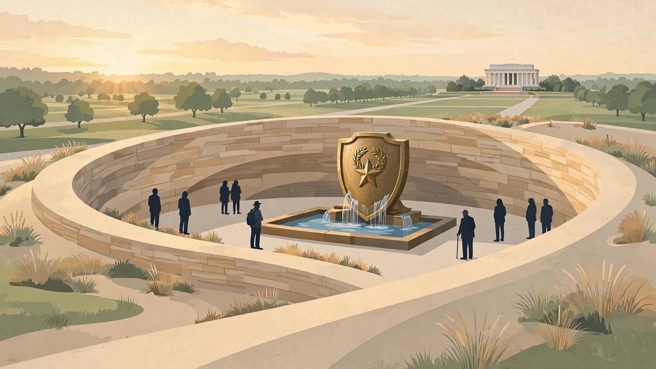 Editorial illustration of a new memorial with curved dune-like walls and a bronze shield fountain on the National Mall in Washington, flat style, no real person's face or likeness depicted