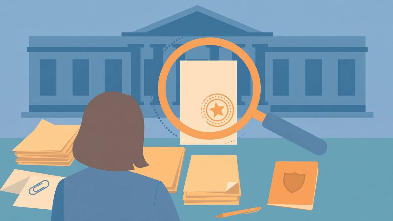 Flat editorial illustration of a generic worker at a desk with petition papers and a passport, a magnifying glass over an approval document and a government building behind, no text, no real person