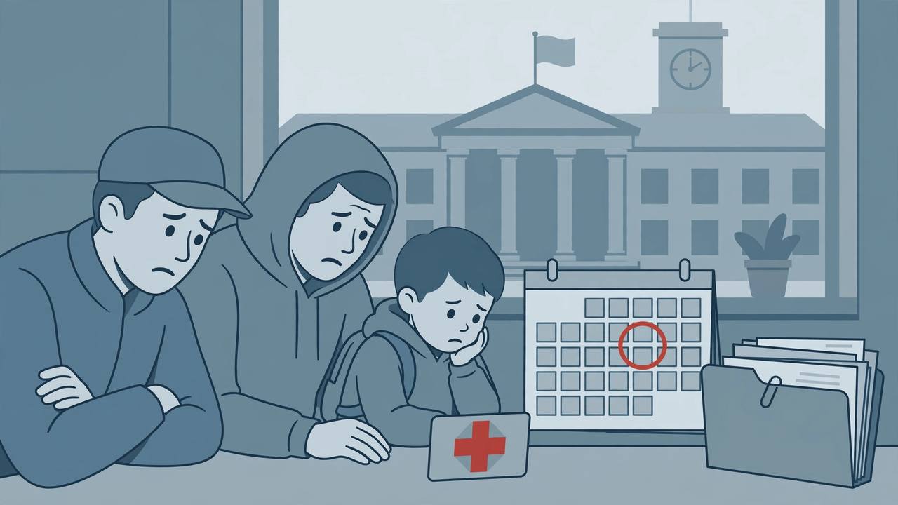 Editorial illustration of a worried family looking at a calendar with a circled deadline in front of a government building, flat style, no real person