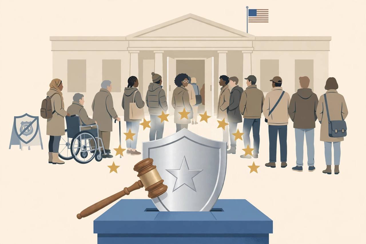 Editorial illustration of generic voters at a polling place protected by a shield and gavel, flat style, no real person