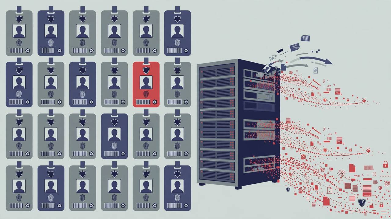Editorial illustration of government employee ID badges and a computer server with streams of data leaking out