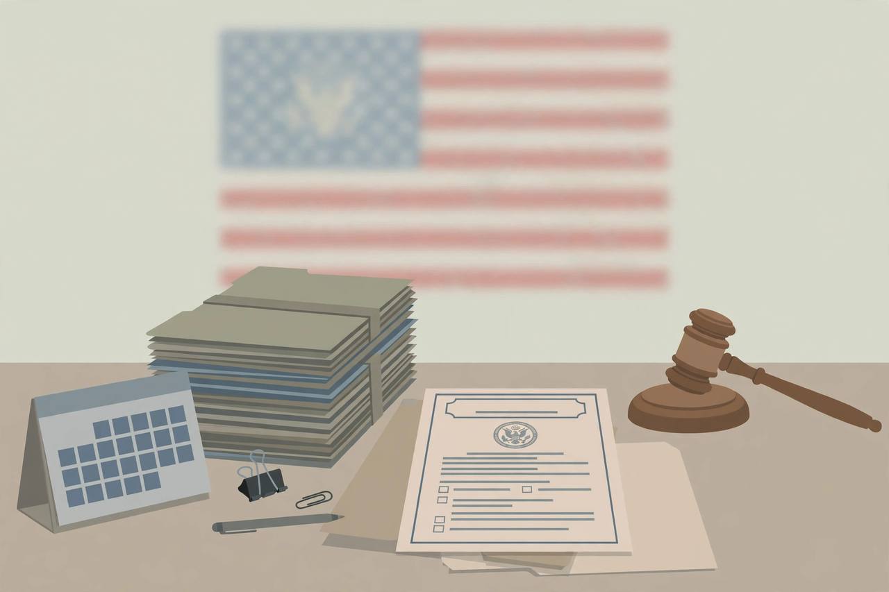 Editorial illustration of a generic federal office desk with a penalty notice, gavel, calendar and immigration case files, flat style, no real person depicted