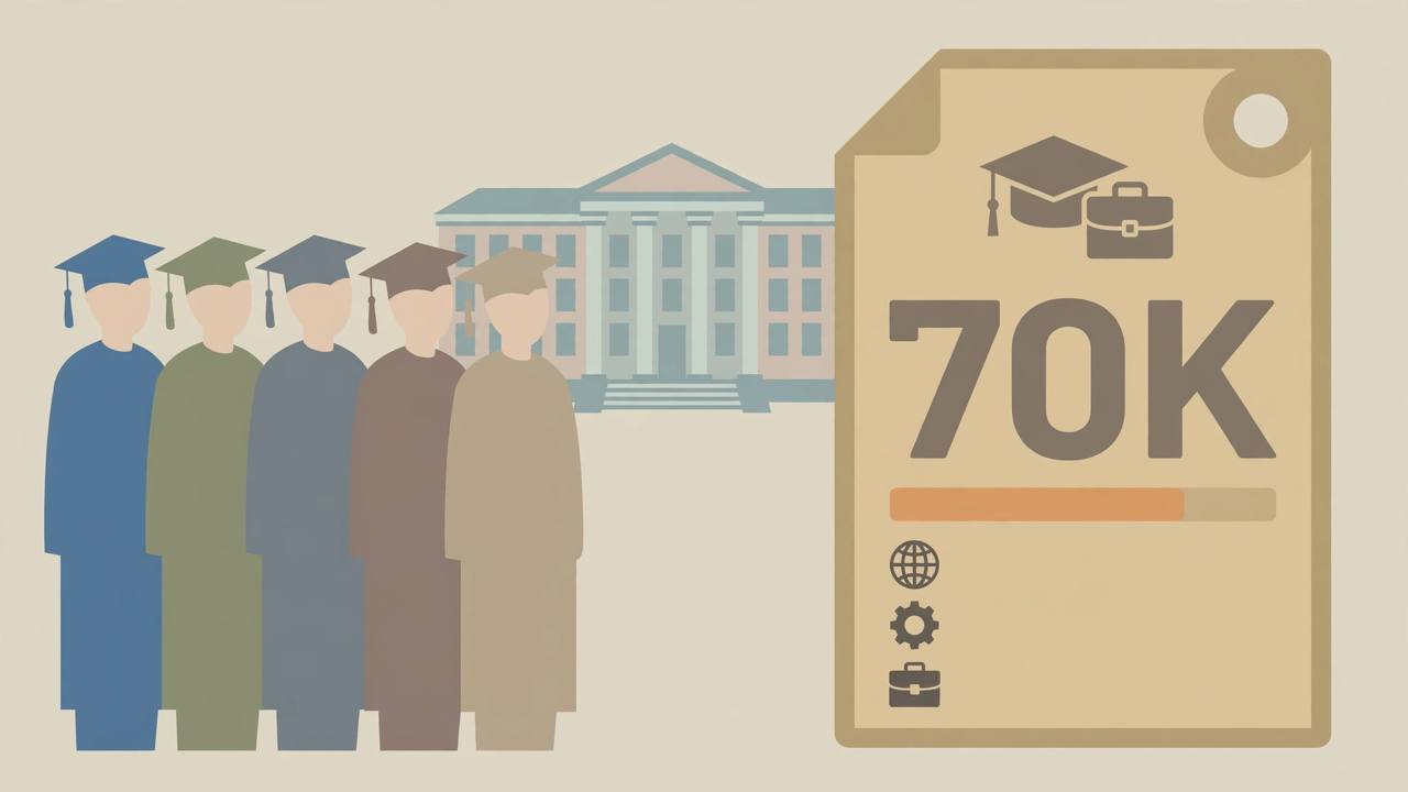 Editorial illustration of generic graduates in caps and gowns before a campus building beside a large price-tag shape reading 70K, flat style, no real person