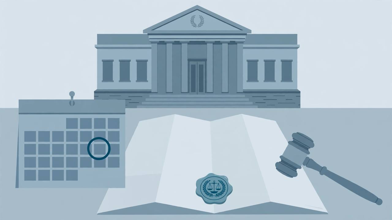 Editorial illustration of a federal building, a sealed official document, a gavel and a calendar, flat style, no people
