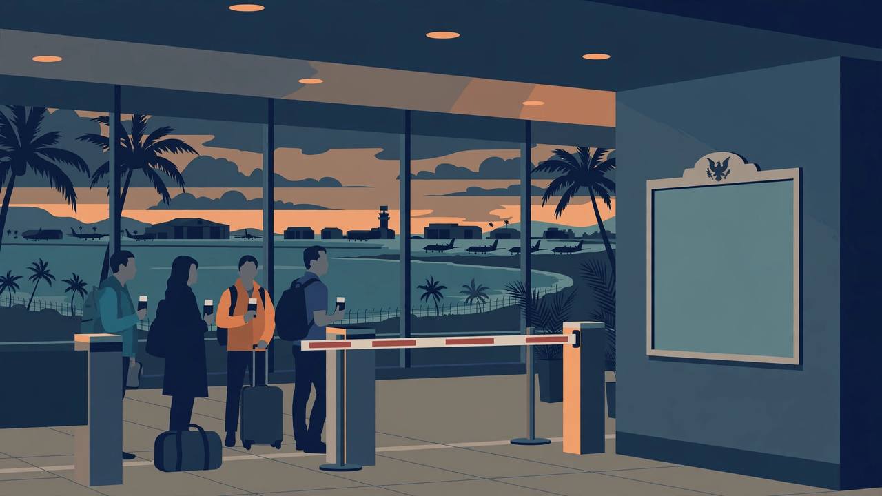 Editorial illustration of travellers with passports at a closed visa-free entry lane in a Pacific island airport, with an airbase across the bay, flat style, no text and no real person's face