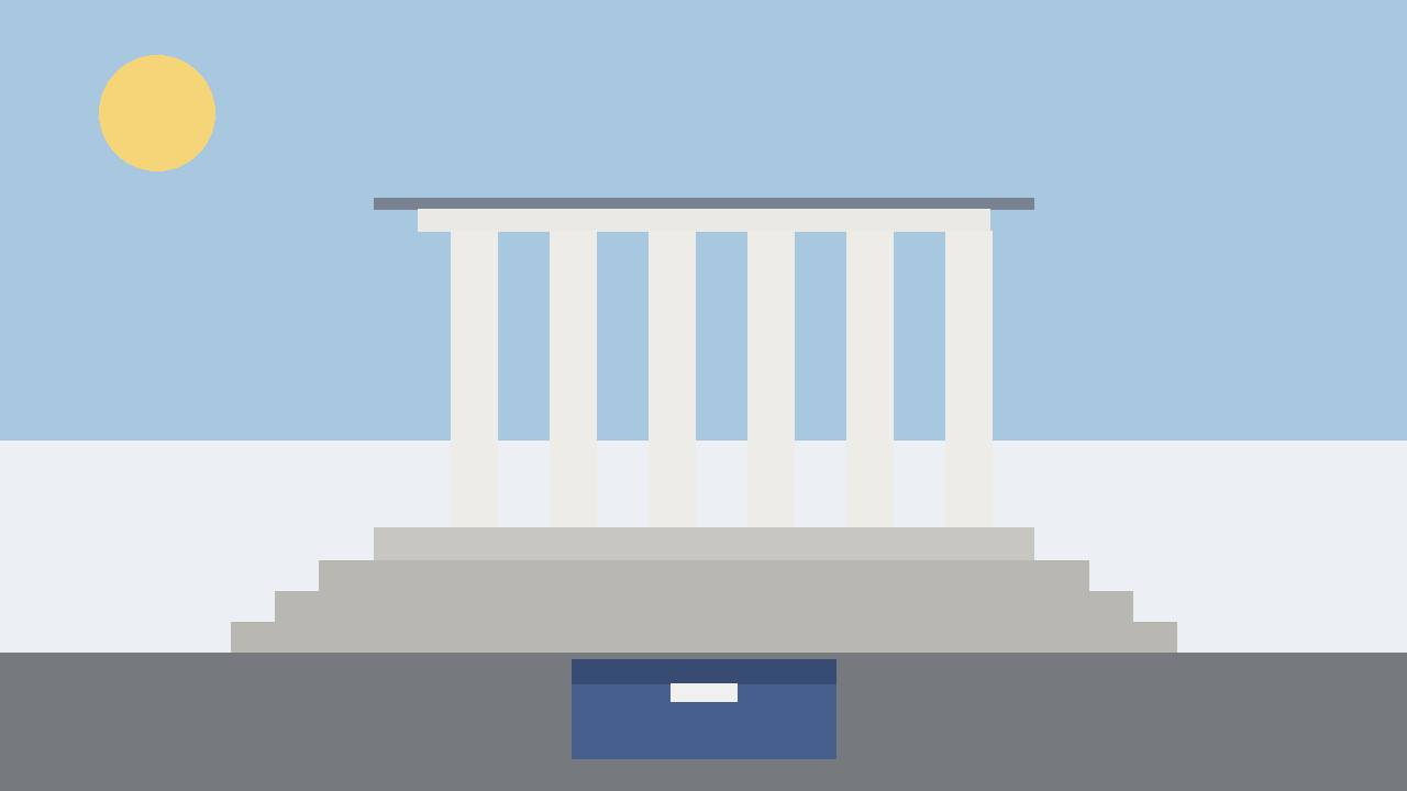 Editorial illustration of a generic courthouse and ballot box, flat style, no text, no real person or place depicted