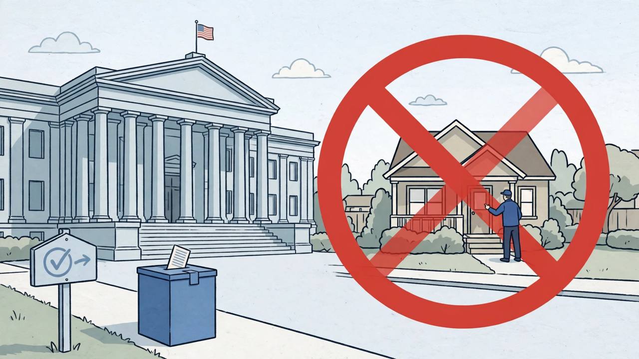 Editorial illustration of a United States federal courthouse with a ballot box in the foreground and a red prohibition sign over a federal agent knocking at a suburban front door, flat style, no real person depicted