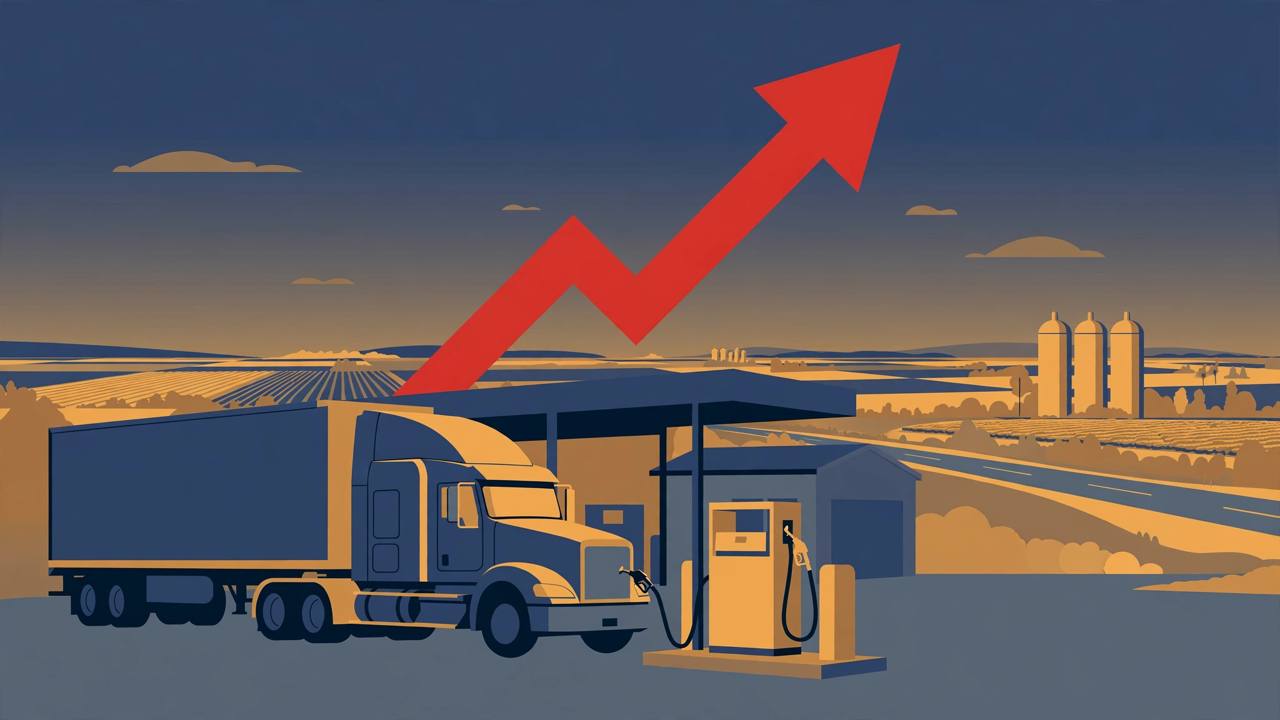 Editorial illustration of a semi truck at a diesel pump at dusk with farmland and grain silos behind it and a large red rising arrow in the sky