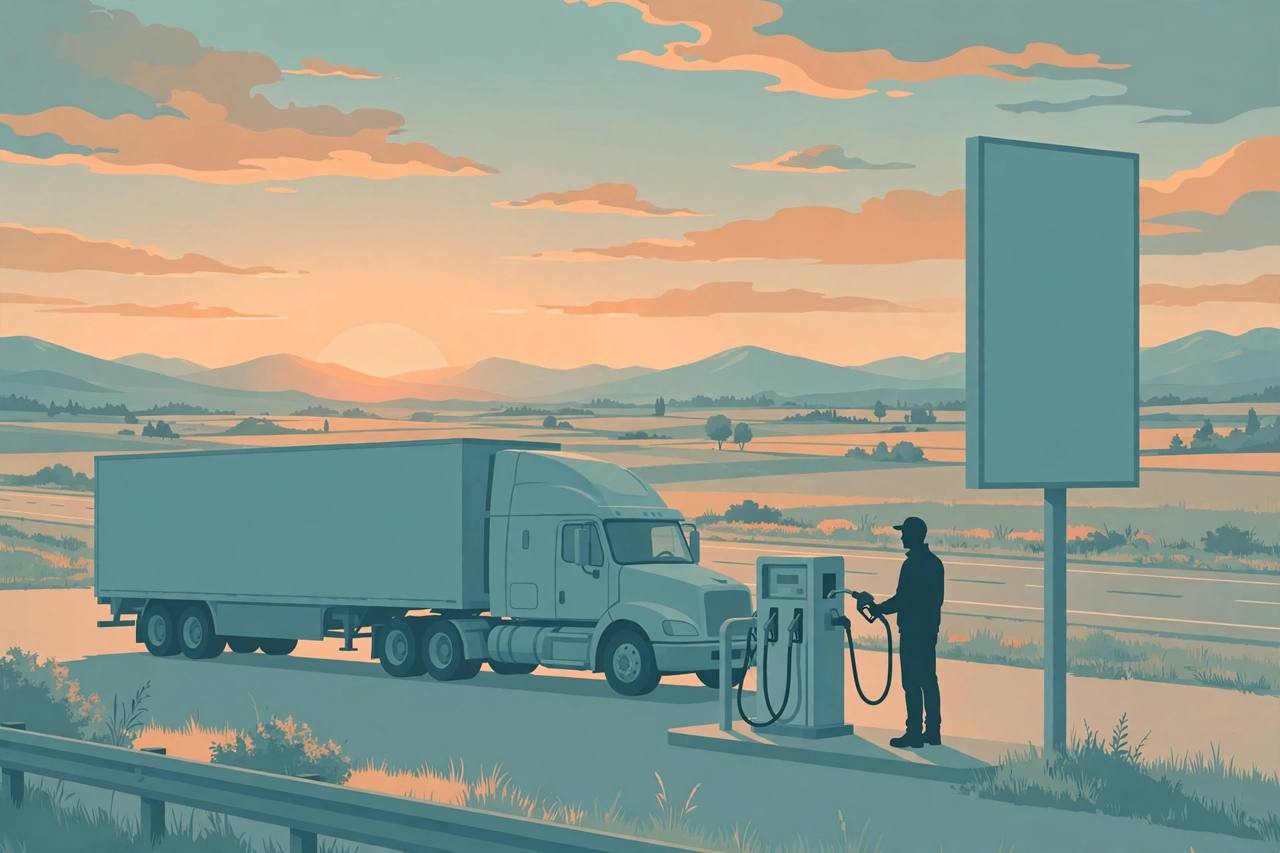 Editorial illustration of a semi-truck at a diesel pump on a US highway at dawn, with a blank price board and a generic driver silhouette