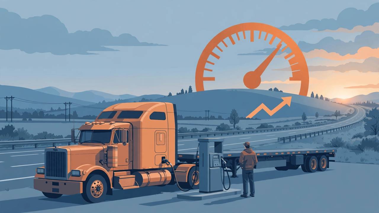 Editorial illustration of a semi truck at a diesel pump on a US highway at dawn with a rising fuel price gauge in the background