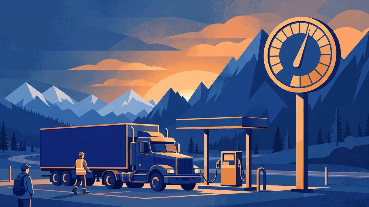 Editorial illustration of a semi-truck at a highway diesel pump with mountains behind