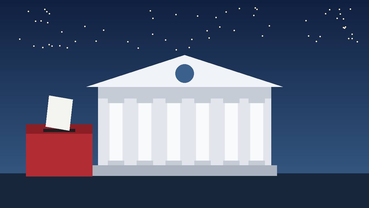 Editorial illustration of a courthouse and a ballot box under a night sky, flat style, no real person depicted