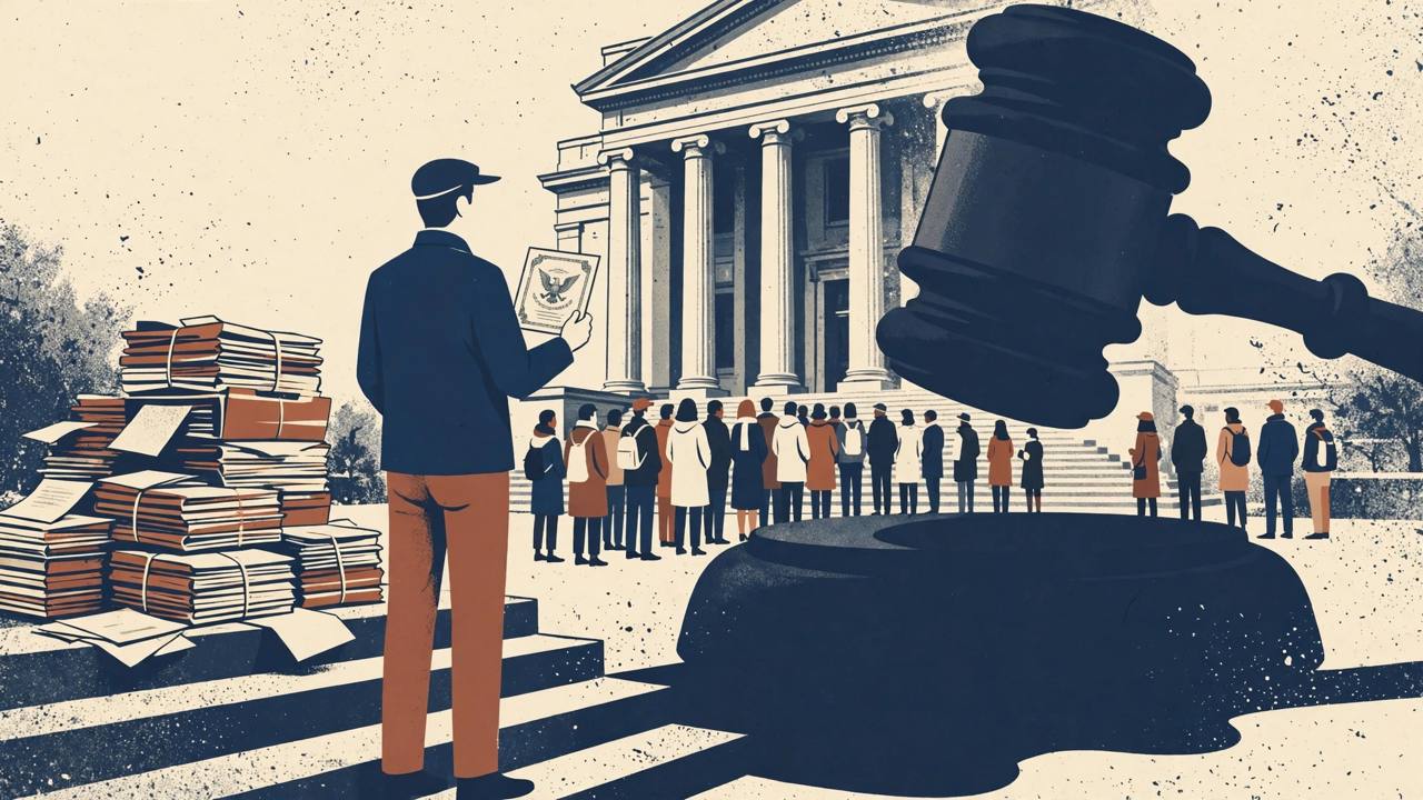 Editorial illustration of a generic naturalized citizen holding a citizenship certificate before a federal courthouse with a tall stack of case files, flat style, no real person
