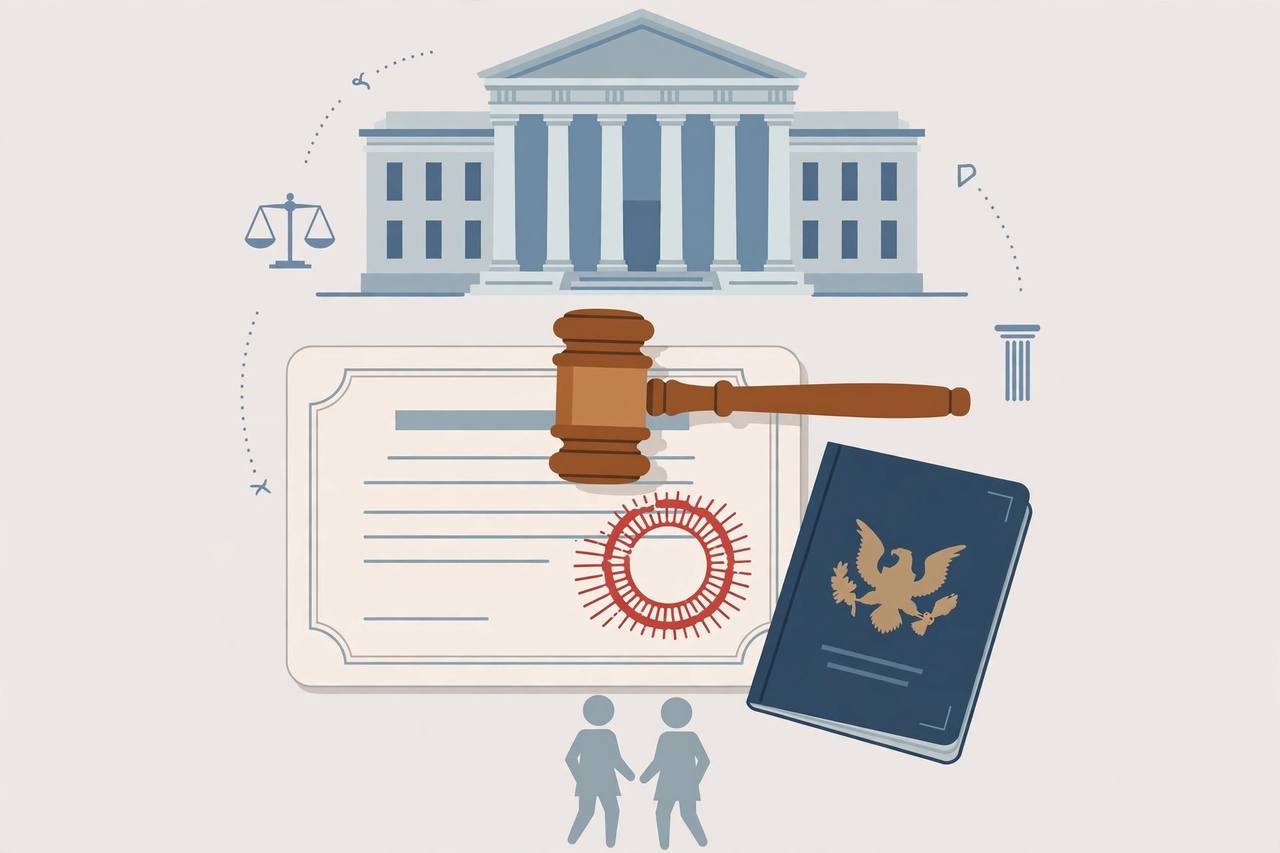 Editorial illustration of a federal courthouse above a citizenship certificate with a gavel and a closed US passport booklet, generic figures only