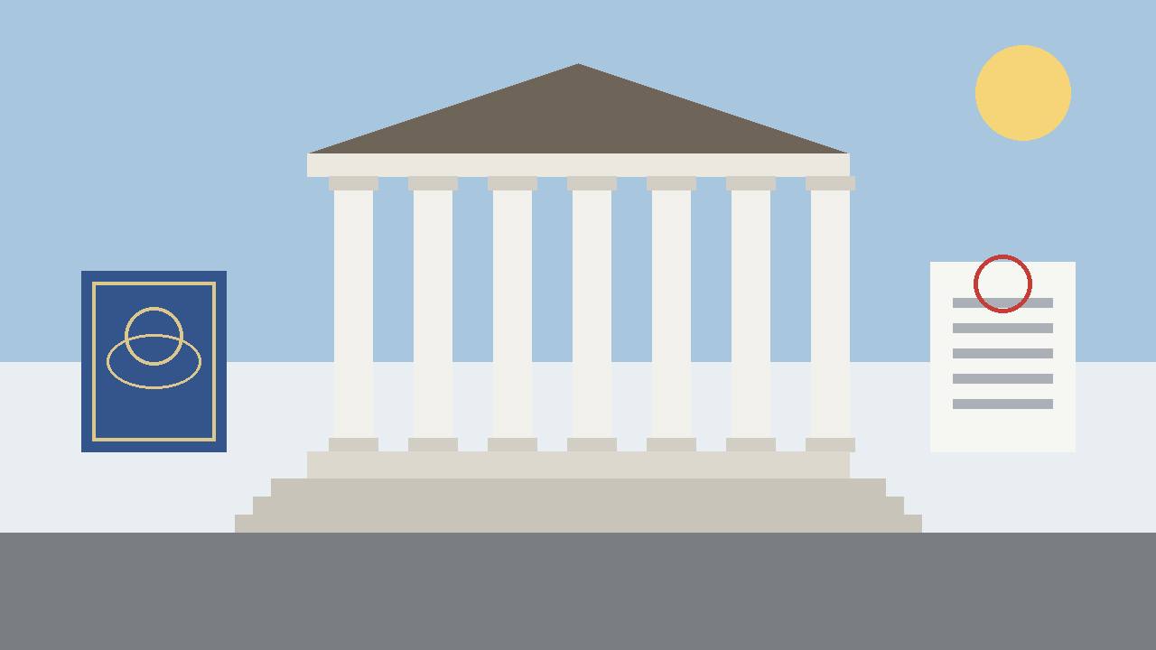 Editorial illustration of a generic courthouse with a passport booklet and a document, flat style, no text, no real person or place depicted