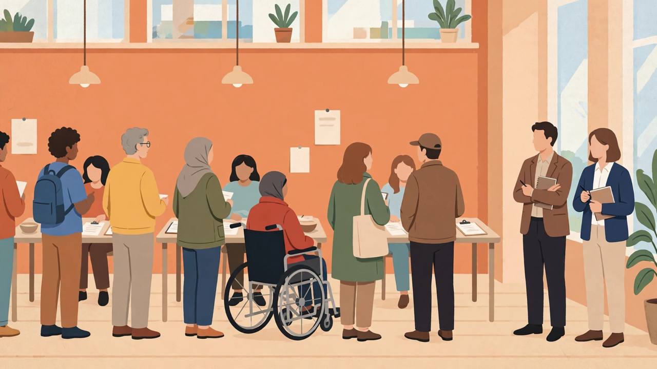 Editorial illustration of plain-clothes election observers with notebooks watching voters queue inside a generic American polling place