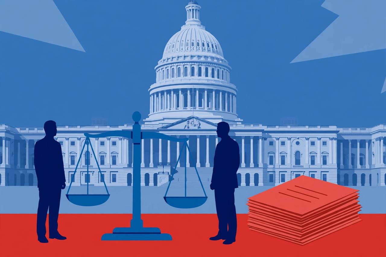 Editorial illustration of the US Capitol with scales of justice and a stack of official letters
