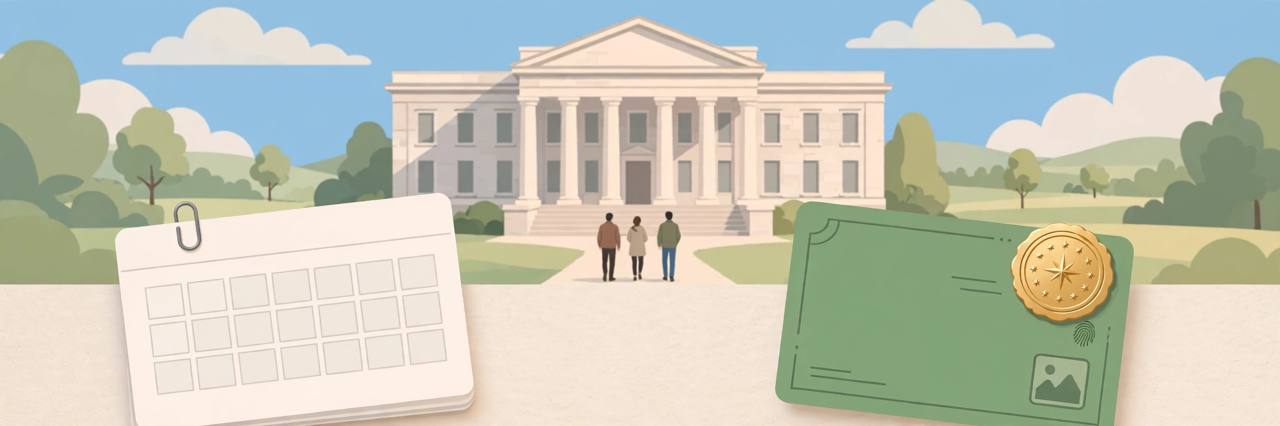 Editorial illustration of a generic courthouse, a calendar and a green-card style document with a gold seal, generic figures only and no text