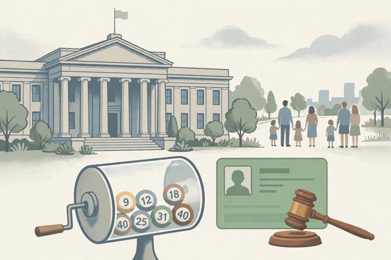 Editorial illustration of a federal appeals courthouse with a paused lottery drum, a green card and a gavel