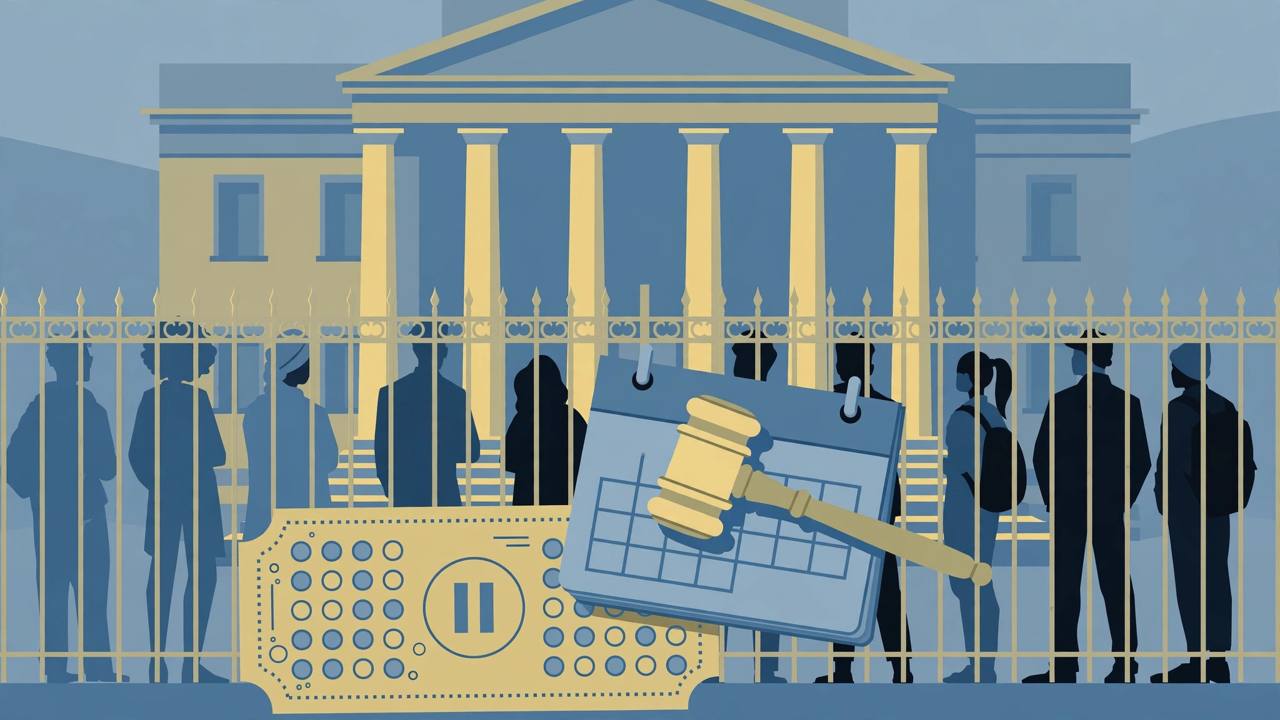 Editorial illustration of a courthouse with a paused lottery ticket and calendar held closed by a gavel, with generic applicants waiting behind a closed gate