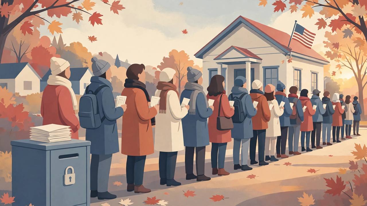 Editorial illustration of a long line of voters in autumn coats waiting outside a small-town American polling place, with a secure ballot drop box in the foreground and fall maple trees; generic figures only, no real person's face