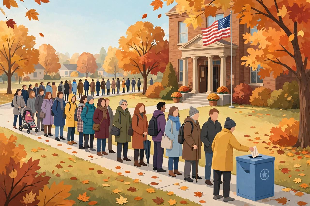 Editorial illustration of generic voters queueing at a US polling place and casting a ballot