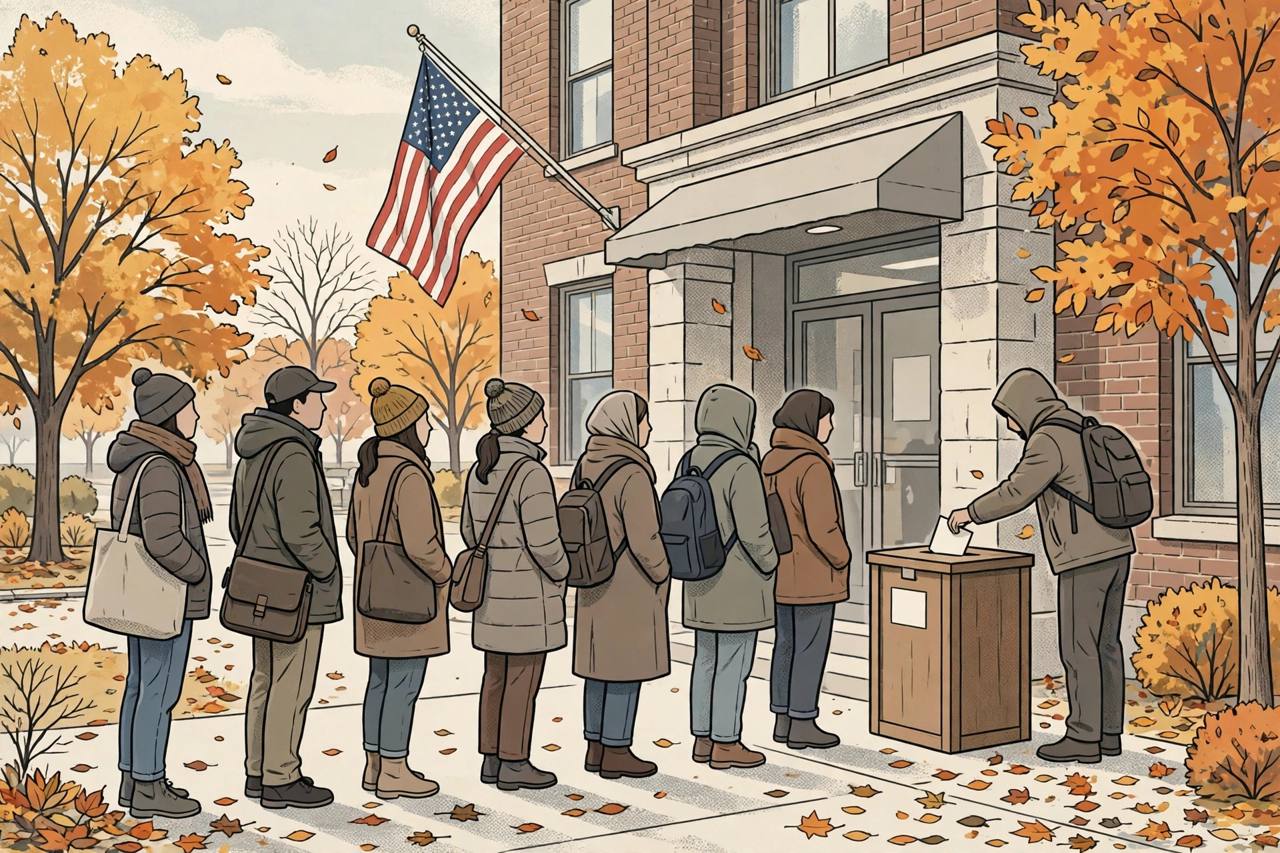 Editorial illustration of generic voters queuing outside a polling station with a US flag, one voter placing a ballot in a box; no real person is depicted