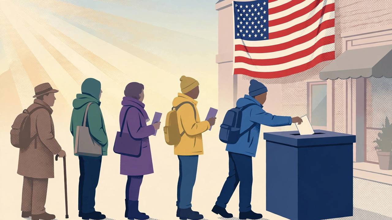 Editorial illustration of generic voters queuing to cast ballots at a US polling place, flat style, no text