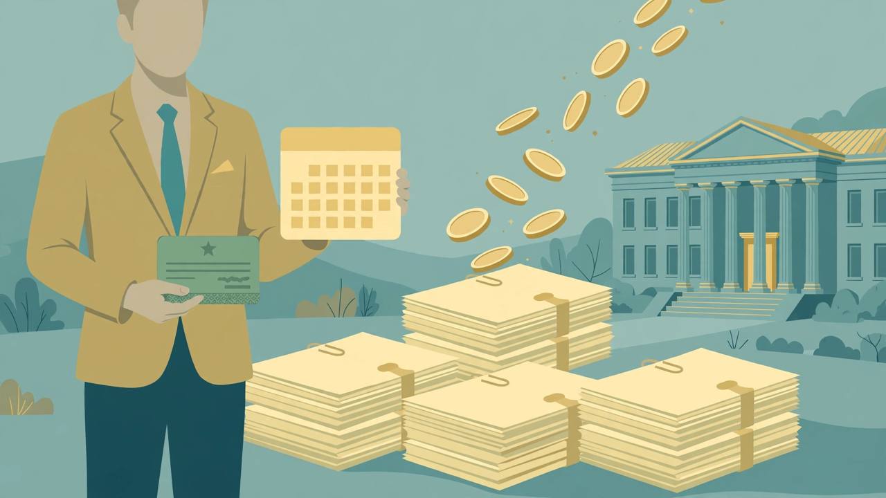 Editorial illustration of an investor holding a green card document and a calendar beside stacks of application papers and rising coins, with a government building behind