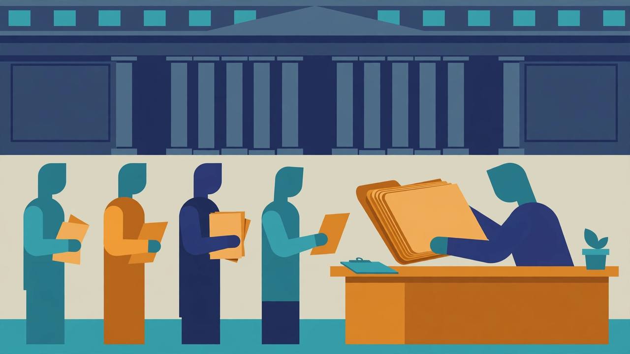 (Editorial illustration) Job applicants holding resumes queue at a hiring desk while an employer reviews a background-check folder in front of a government building.
