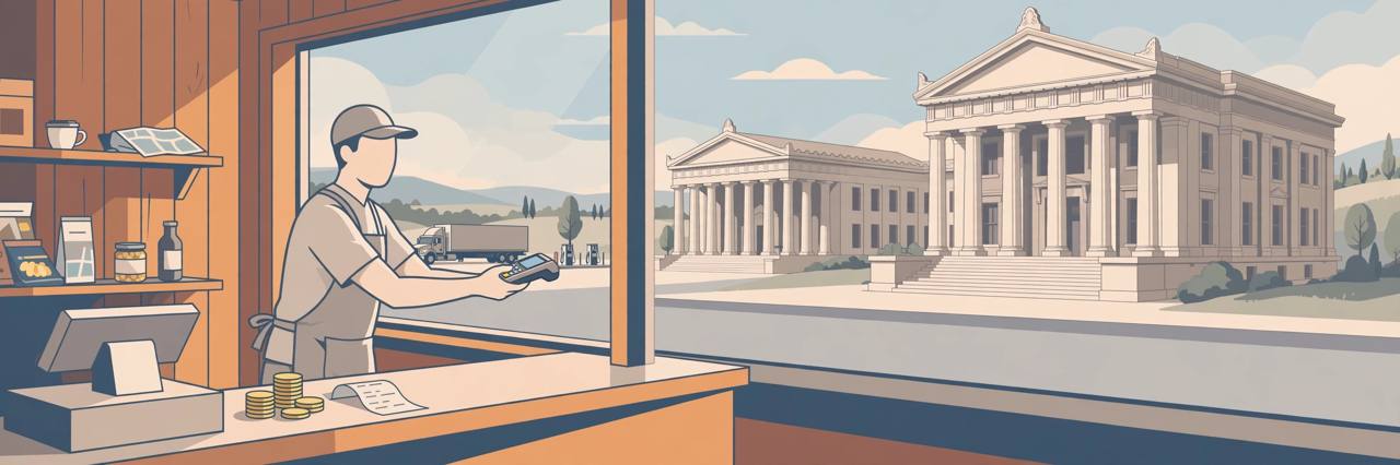 Editorial illustration of a truck-stop shopkeeper holding a debit card reader at a counter, with a courthouse and a truck in the background, flat style, generic figure, no text
