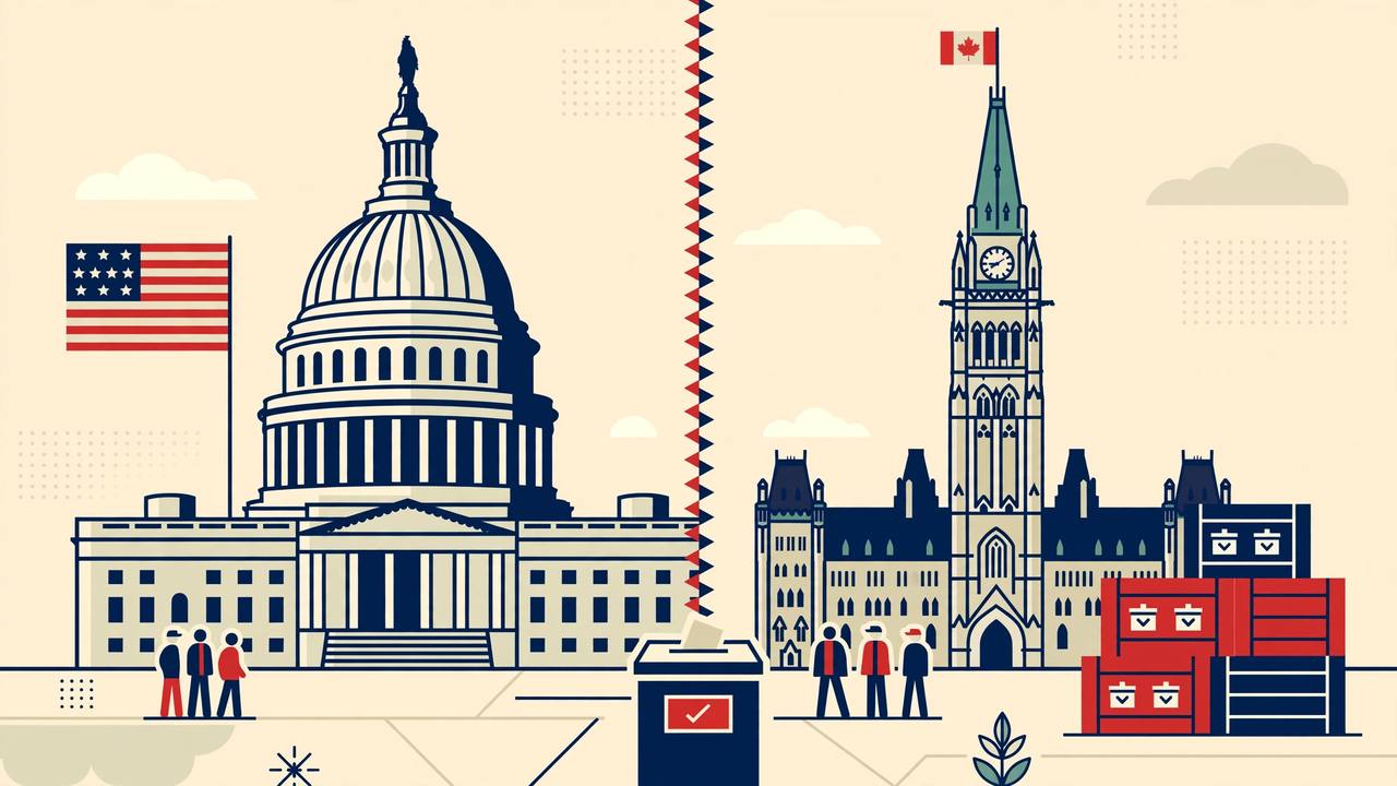 Editorial illustration of the US Capitol and Canada's Parliament facing each other across a border line with a ballot box, flat style, no real person depicted