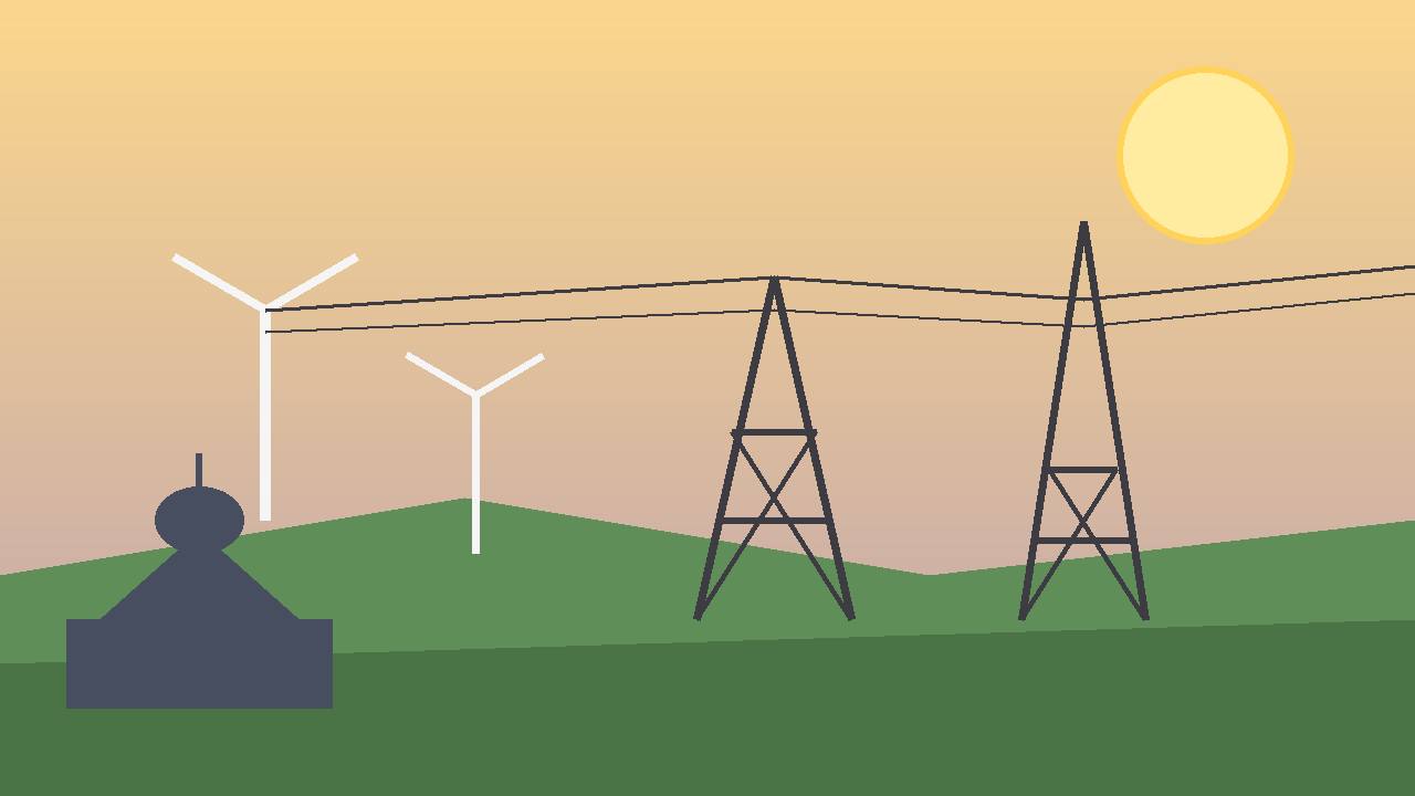 Editorial illustration of wind turbines, electricity transmission towers and a government dome building under a rising sun