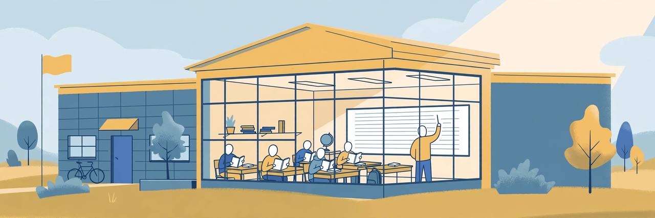 Editorial illustration of a generic American school and classroom with generic students learning English, flat style, no text