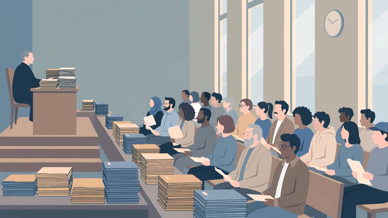 Editorial illustration of an immigration courtroom with a judge at the bench, rows of people holding case files and tall stacks of folders