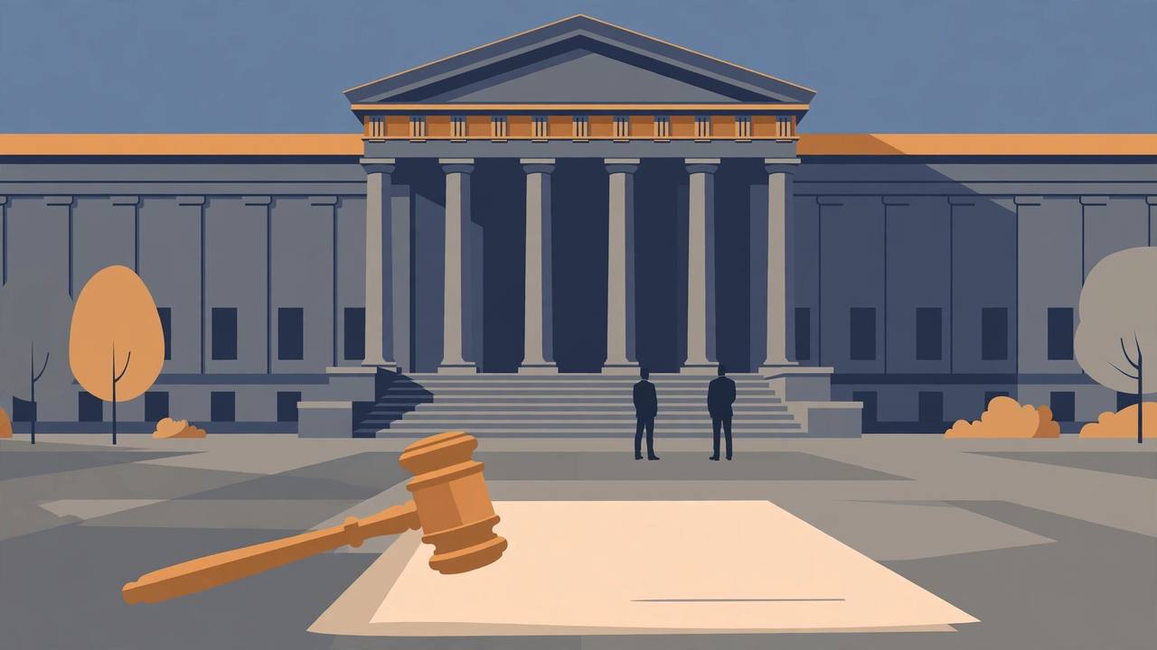 Editorial illustration of a generic federal courthouse with a gavel resting on a large unsigned document, flat style, no real person depicted