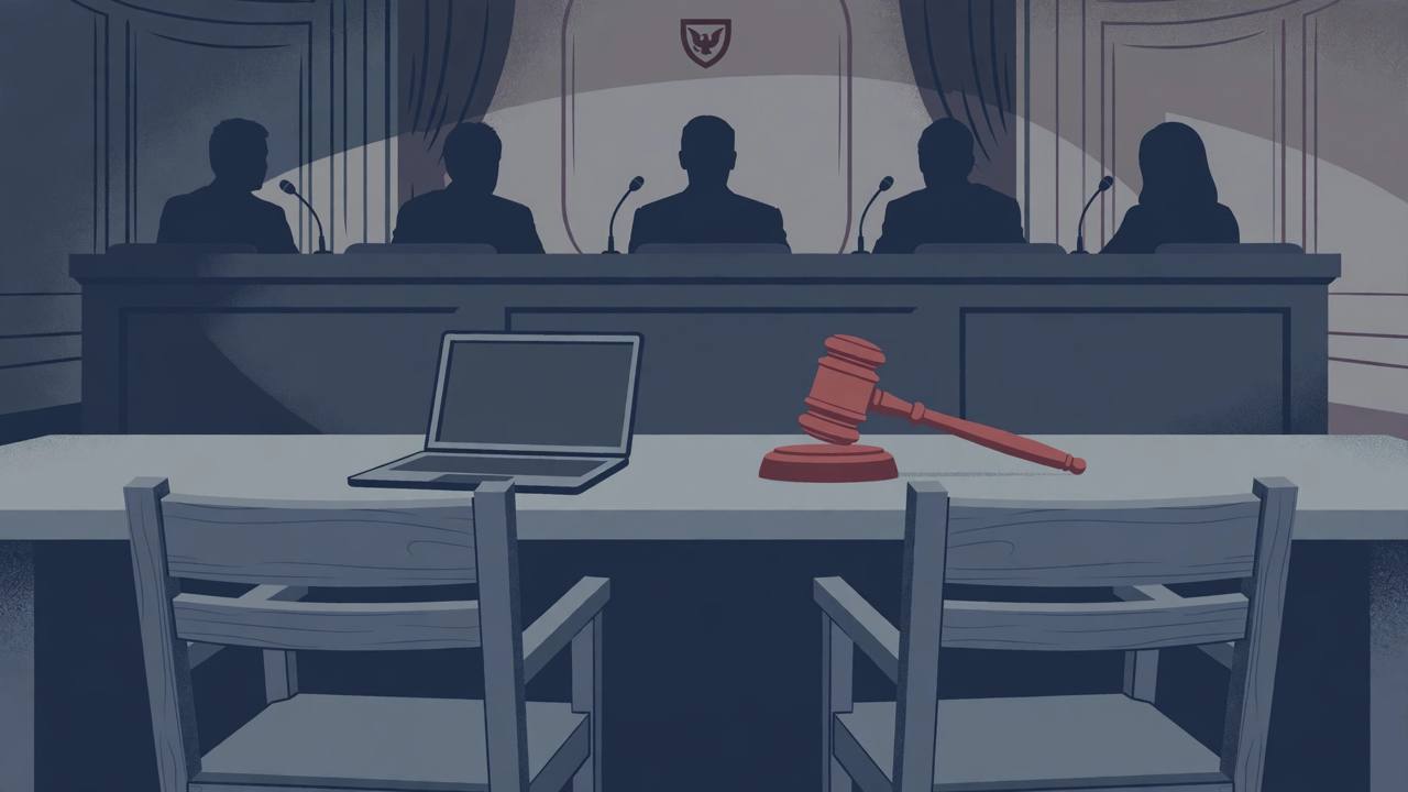 Editorial illustration of a generic congressional hearing room: empty witness chairs, a laptop and gavel on the table, silhouetted panel members seen from behind, flat style, no text, no real person's face